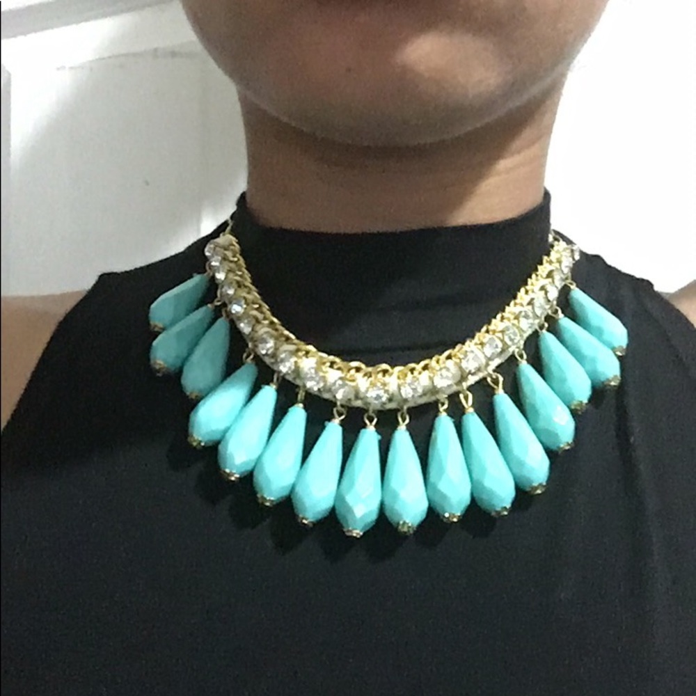 Turquoise Teardrop and Rhinestone Necklace